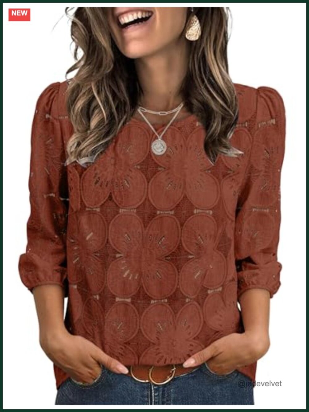 Women's Eyelet Lace Blouse 3/4 Sleeve Dressy Casual Top